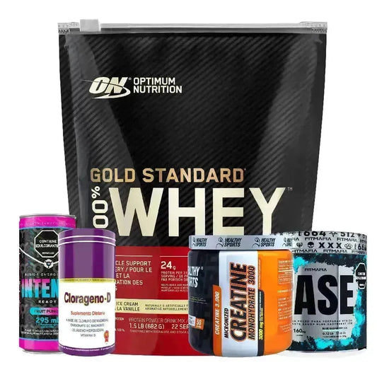 Gold Standard 22 serv + Pase 30 serv + Creatine Healthy 150 gr + Clorageno-D + Intenze Lata