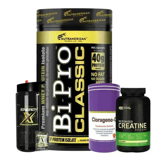 BiPro Classic 1 lb + Creatine Optimum 300 gr + Energy X 25 sobres + Clorageno-D